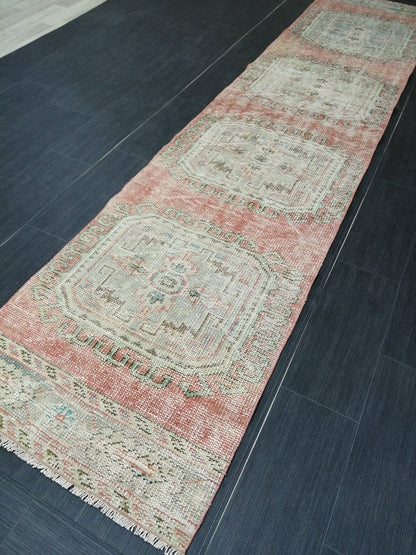 2.4 x 10.9 Distressed Oushak Runner Rug Turkish Runner Rug Vintage Runner Rug Hallway Runner Rug Kitchen Runner Rug Wool Runner Rug Wool