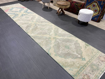 Muted  Handmade Runner Rug, Turkish Runner 2.7 x 13 Rug, Vintage Runner Rug Hallway Runner Rug, Hand Knotted Runner Rug, Persian Runner