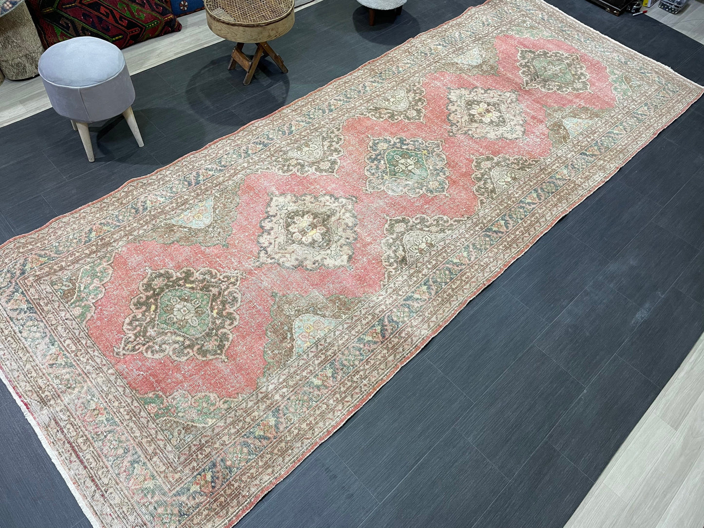 Antique Turkish Runner Rug Muted Distressed 4.9 x 12.6 Runner Rug, Vintage Runner Rug Hallway Runner Rug Kitchen Runner Wool Handmade Runner