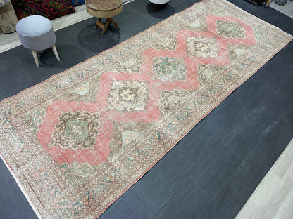 Antique Turkish Runner Rug Muted Distressed 4.9 x 12.6 Runner Rug, Vintage Runner Rug Hallway Runner Rug Kitchen Runner Wool Handmade Runner