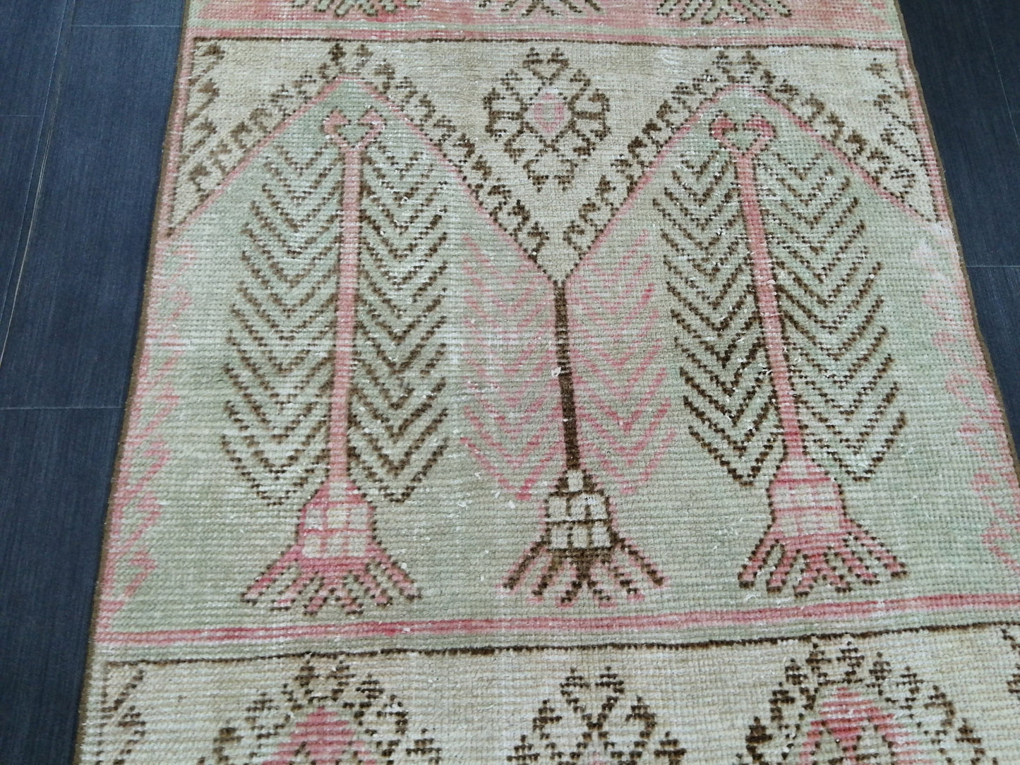 Muted Oushak Runner Rug 11.3 x 3  Pink and Green Vintage Runner Rug Distressed Hallway Runner Rug Kitchen Runner Rug Wool Runner Rug