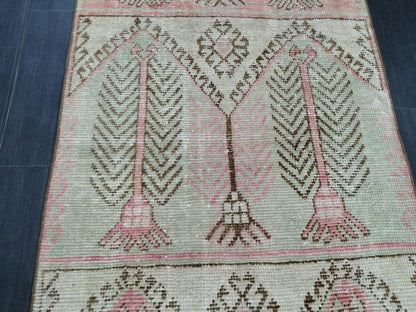 Muted Oushak Runner Rug 11.3 x 3  Pink and Green Vintage Runner Rug Distressed Hallway Runner Rug Kitchen Runner Rug Wool Runner Rug