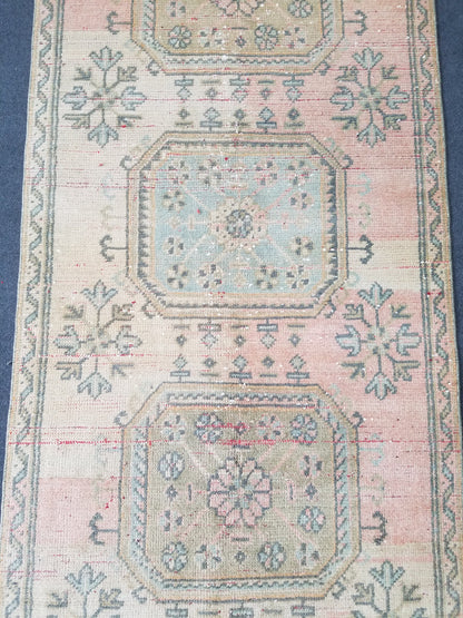 11'x3'2 oushak turkish runner rug, vintage runner rug, vintage oushak runner, vintage anatolian  runnerrug,unique hand made rug,kitchen rug
