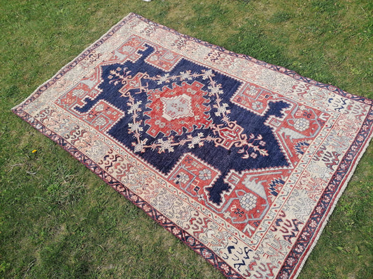 4x7 feet wide wool turkish rug, handmade kitchen floor rug, living room middle rug, vintage blue rug, oushak bedroom rug, kitchen medium rug