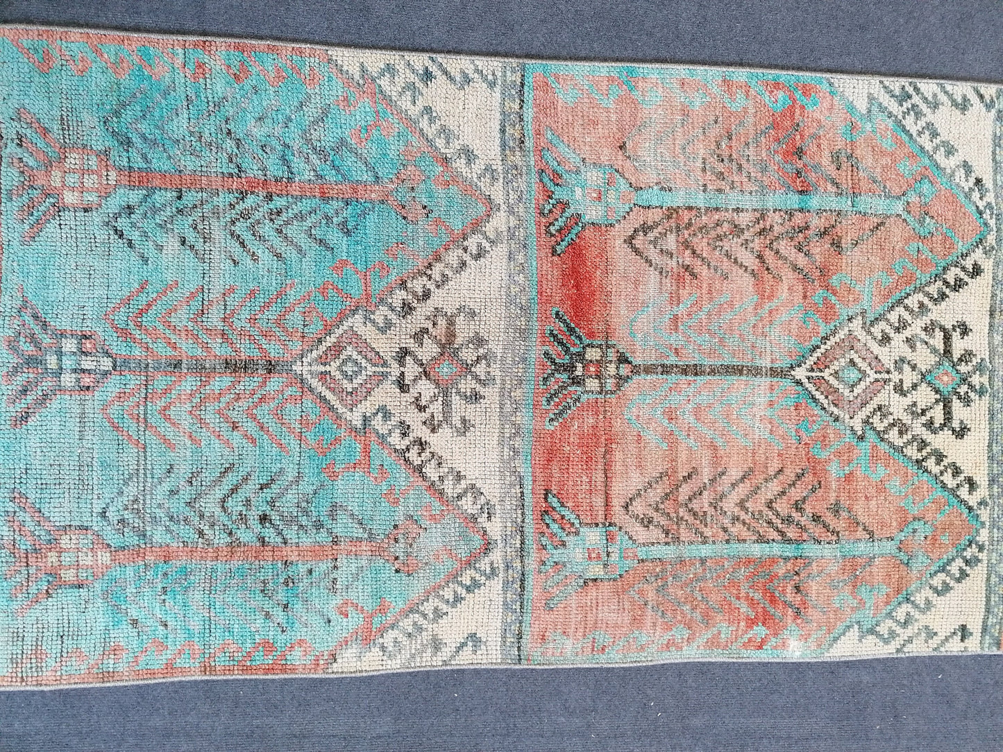 12'x2'11 vintage blue runner rug, vintage hallway runner, vintage kitchen runner rug, vintage anatolian rug