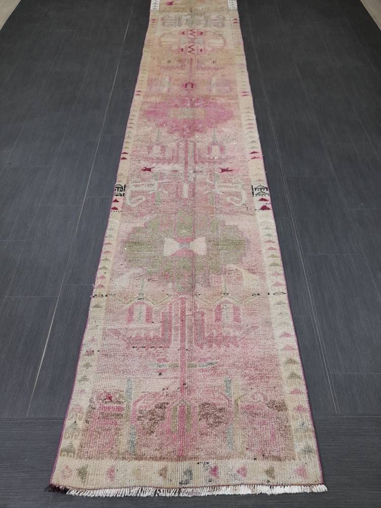 Muted Vintage Runner Rug Vintage Persian Runner Rug 2.4 x 12.4 Hallway Runner Rug Turkish Kitchen Runner Rug Antique Wool Oriental Runner