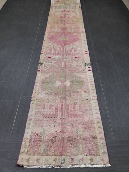 Muted Vintage Runner Rug Vintage Persian Runner Rug 2.4 x 12.4 Hallway Runner Rug Turkish Kitchen Runner Rug Antique Wool Oriental Runner