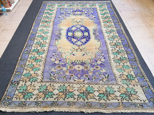 Oushak wool hand made rug, large purple vintage rug 5'7x8'7 turkish rug, green living room rug, vintage  bohemian rug