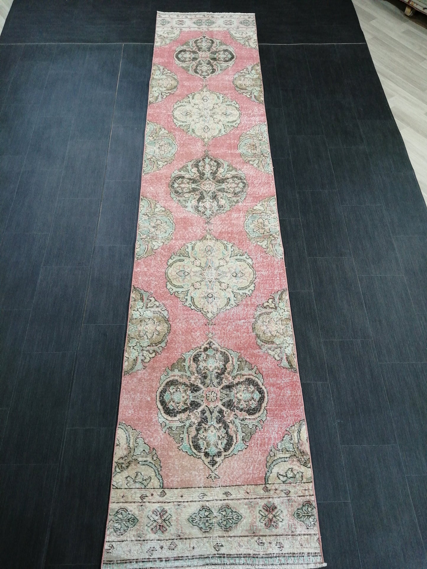 Pink Vintage Runner Rug 12.9 x 2.6 Oushak Runner Hallway Runner Rug Kitchen Runner Rug Wool Runner Rug Wool Oushak Rug