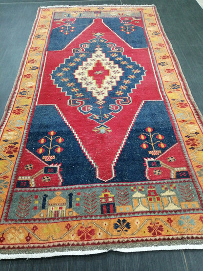 OUSHAK RUG 9 X 4.6 TURKISH Oushak Rug Blue Vintage Oushak Runner Rug Vintage Runner Rug Wool Oushak Rug Hand Made Rugs Vintage Turkish Rug