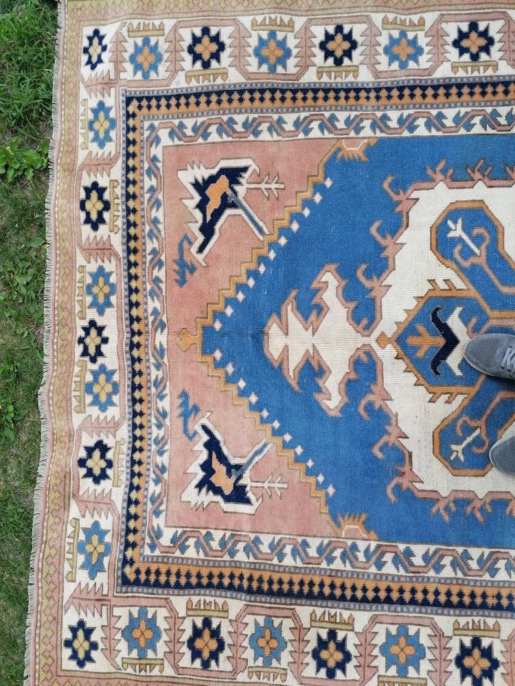 Turkish oushak wool rug 6'8x9'6 large blue rug, vintage handmade rug bohemian rug living room rug