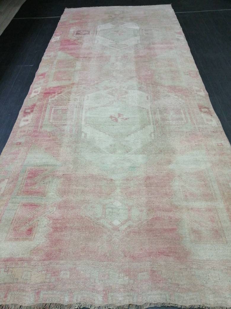 Vintage Runner 4.7 x 11.4 TURKISH Muted Runner Rug Vintage Oushak Runner Rug Light Pink Runner Rug Wool Oriental Runner Antique Runner Rug