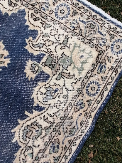 3'10x7 blue  rug, turkısh wool rug, oushak vintage rug, kıtchen rug area rug