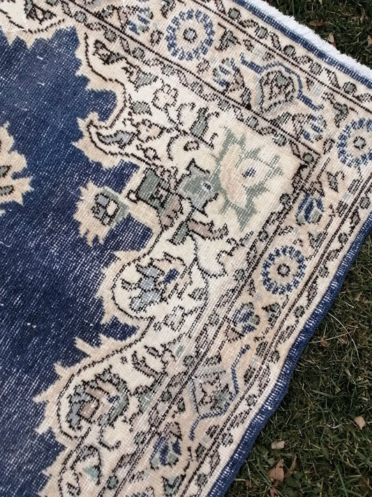 3.10 x 7 blue rug, turkish wool rug, oushak vintage rug,
