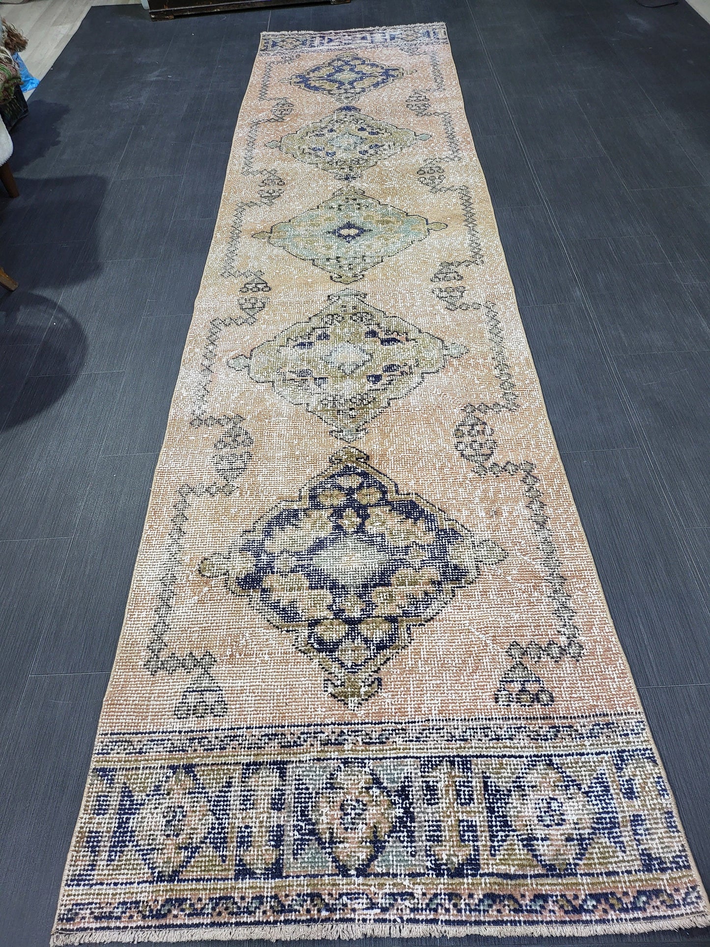 2.9 x 11.4 Low Wool Pile Oushak Runner Rug, Turkish Runner Rug, Vintage Runner Rug, Hallway Runner Rug Kitchen Runner Rug Wool Runner Rug