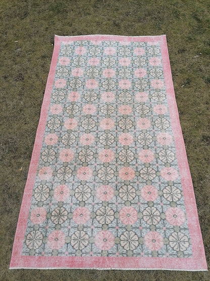 Vintage rug 7x3'11 green oushak vintage rug, anatolian rug,unique hand made bohemian