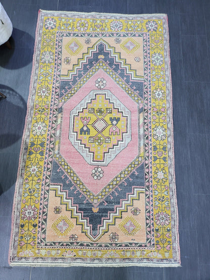 Vintage Rug,  TURKISH 4.2 x 7.4 HANDMADE Rug, Vintage Turkish Rug, Oushak Rug, Turkish Oushak Rug, Vintage Handknotted Rug, Wool Rug