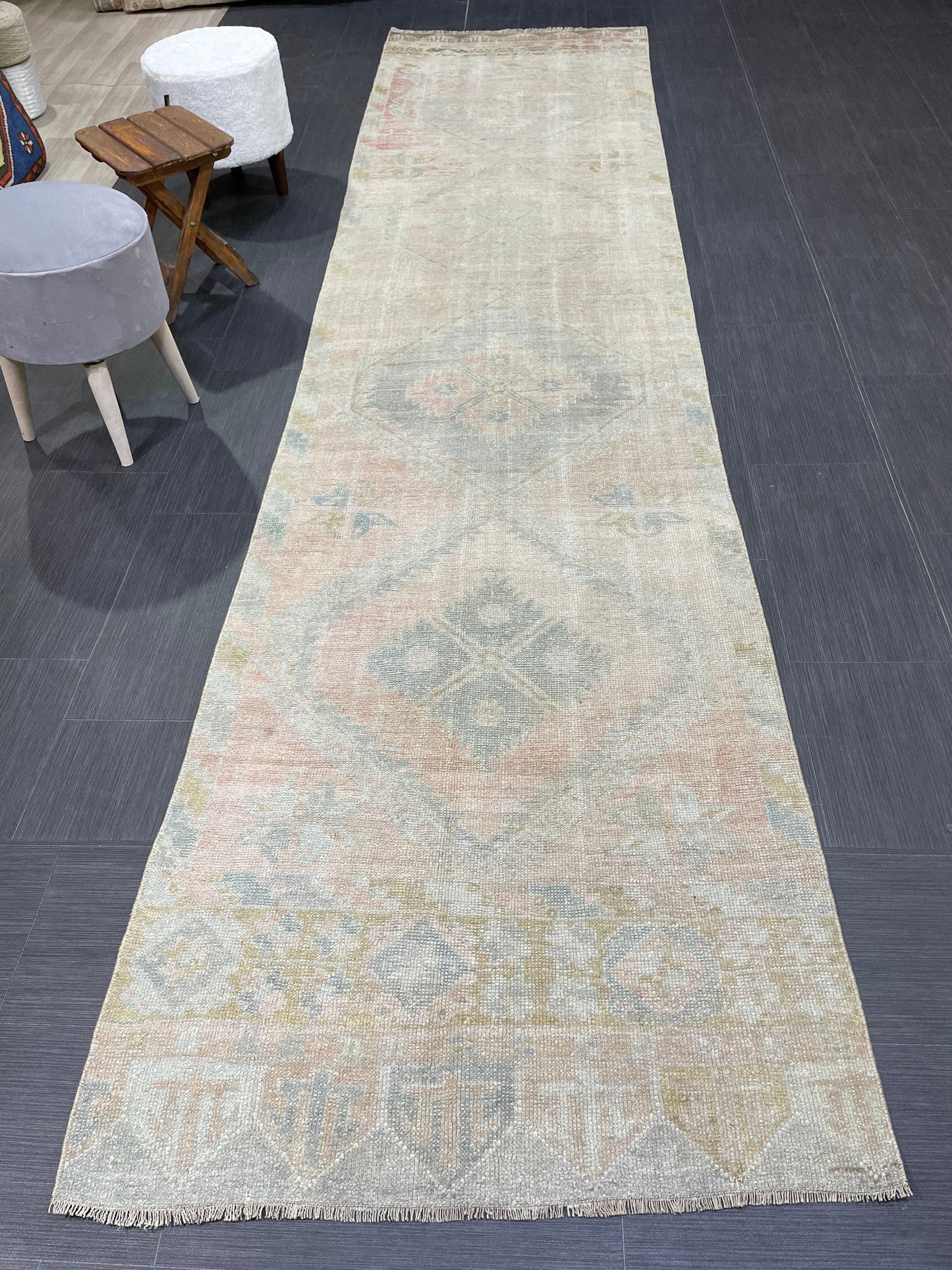 Muted Oushak Runner Rug 3 x 12.5 Vintage Turkish Runner Rug Vintage Runner Rug Hallway Runner Rug Kitchen Runner Rug Wool Runner Rug