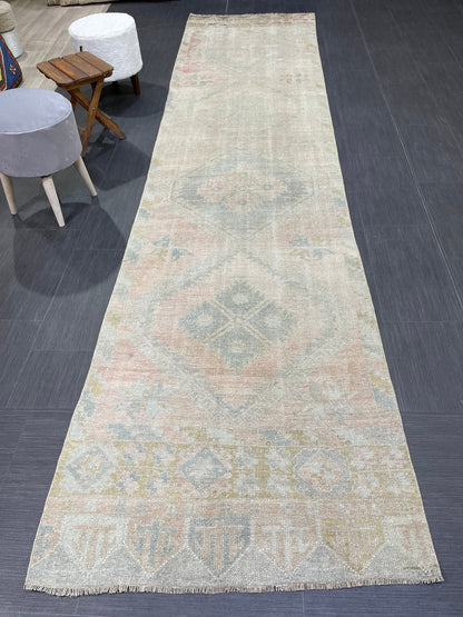 Muted Oushak Runner Rug 3 x 12.5 Vintage Turkish Runner Rug Vintage Runner Rug Hallway Runner Rug Kitchen Runner Rug Wool Runner Rug