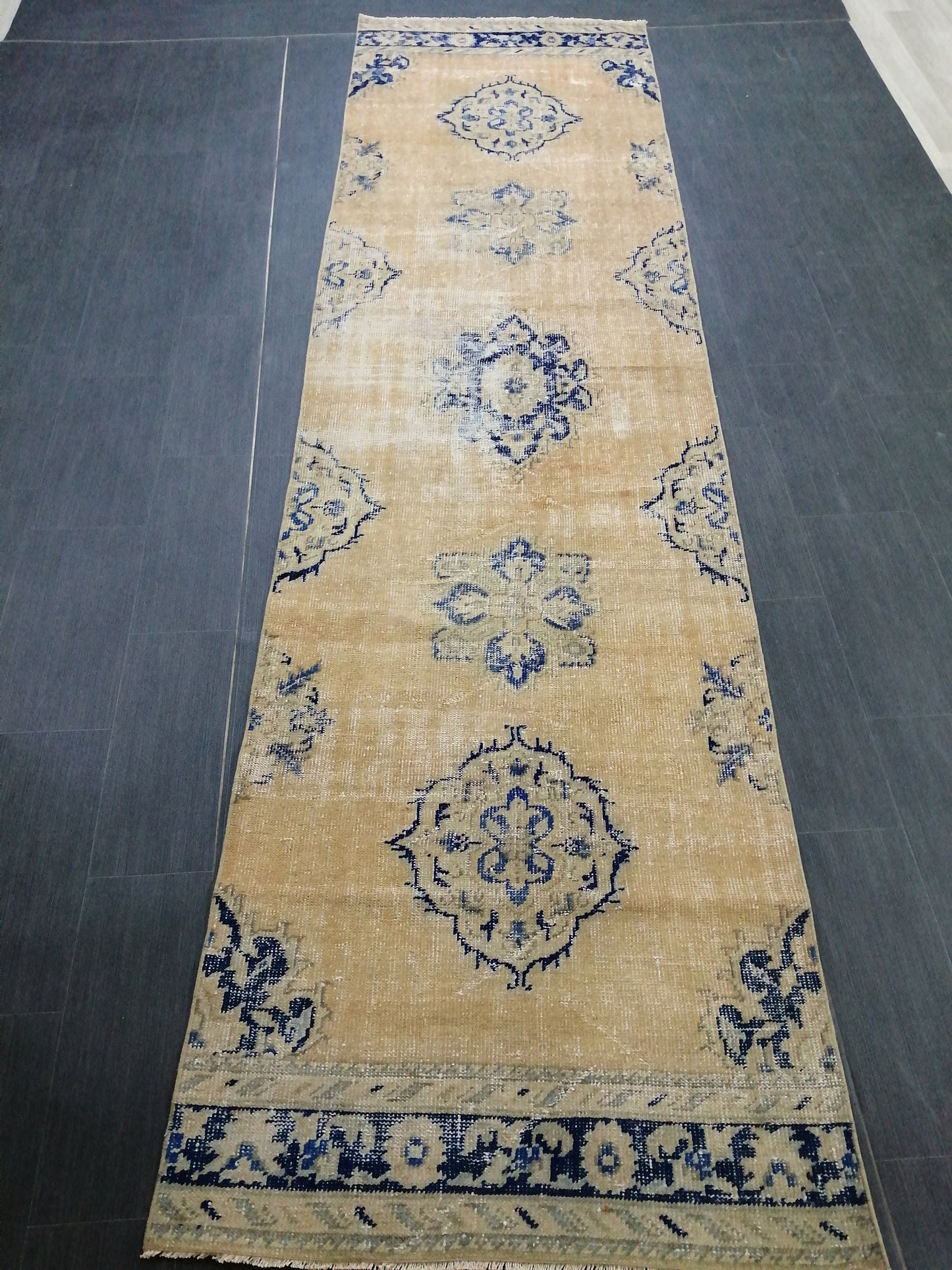 3 x 12  Blue Oushak Runner Rug Turkish Runner Rug Vintage Runner Rug Hallway Runner Rug Kitchen Runner Rug Wool Runner Rug Wool Oushak Rug