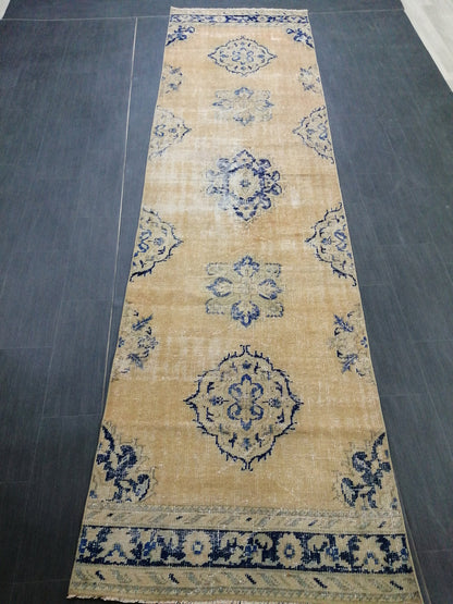 3 x 12  Blue Oushak Runner Rug Turkish Runner Rug Vintage Runner Rug Hallway Runner Rug Kitchen Runner Rug Wool Runner Rug Wool Oushak Rug