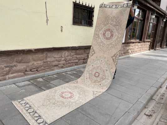 Muted Vintage Runner Rug, Turkish Runner 2.8 x 12.5 Rug, Handmade Runner Hallway Runner Soft Pink Kitchen Runner Rug Wool Runner Oushak Rug