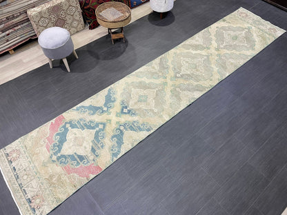 Muted  Handmade Runner Rug, Turkish Runner 2.7 x 13 Rug, Vintage Runner Rug Hallway Runner Rug, Hand Knotted Runner Rug, Persian Runner