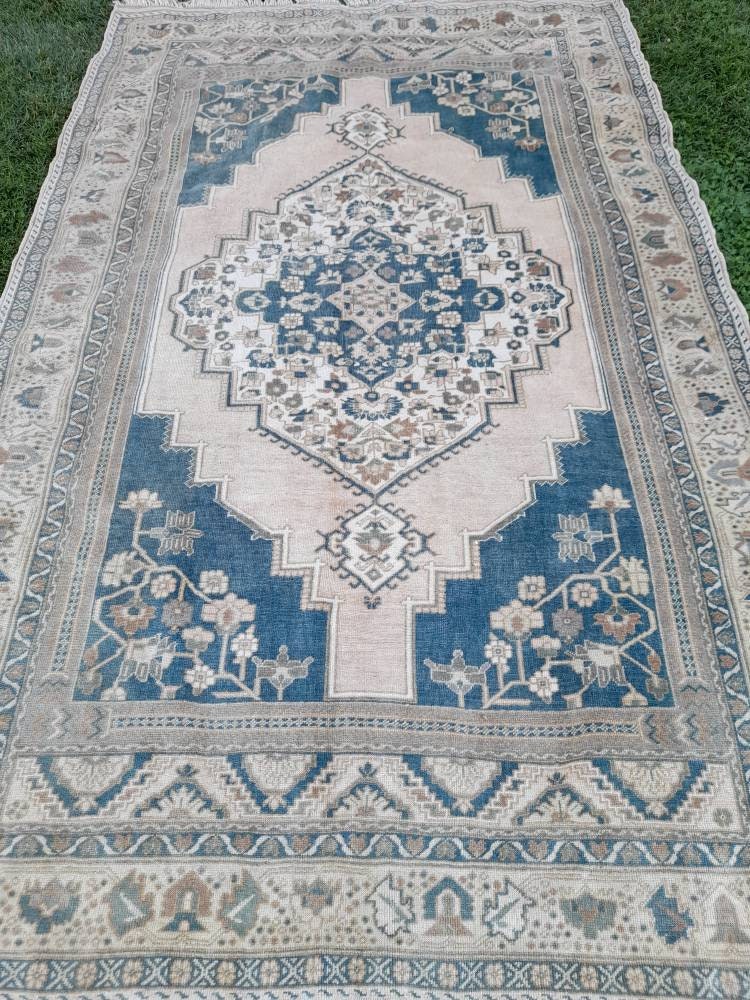 Muted TURKISH Rug Vintage Oriental Rug Vintage Persian Rug Blue OUSHAK RUG 6 x 10 Oushak Rug Hand Made Rug Vintage Excellent Condition Rug