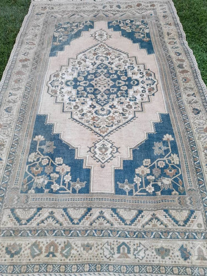 Muted TURKISH Rug Vintage Oriental Rug Vintage Persian Rug Blue OUSHAK RUG 6 x 10 Oushak Rug Hand Made Rug Vintage Excellent Condition Rug