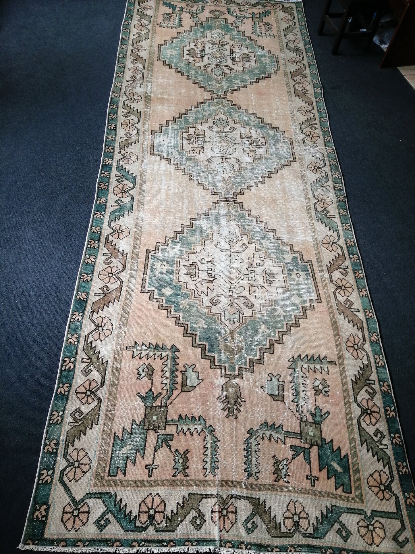 12.5 x 4.7 Large Vintage Rugs  TURKISH HAND MADE Rugs  Green Vintage Turkish Rugs   Oushak Rug  Turkish Oushak Rug, Vintage Oushak Rug
