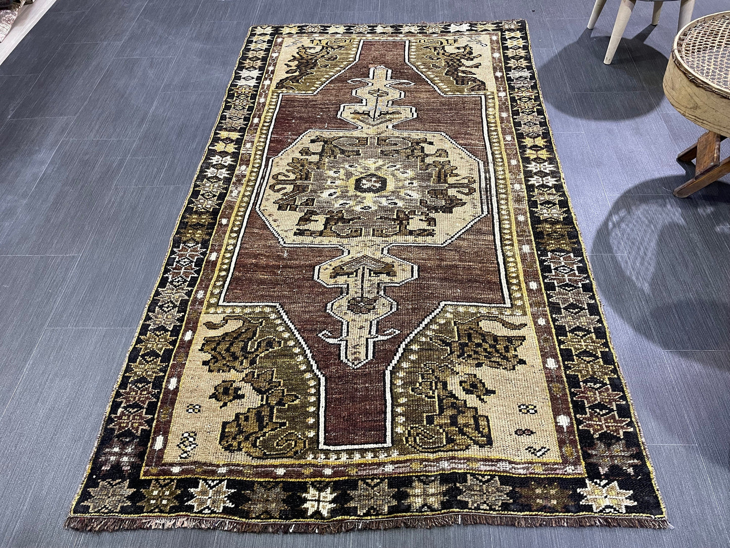 Antique Rug, TURKISH RUG, VINTAGE Rug, Living Room 3.7 x 6.3 Rug, Oushak Rug, Handmade Rug,Brown and Black rug, Persian Rug, farmhouse rug