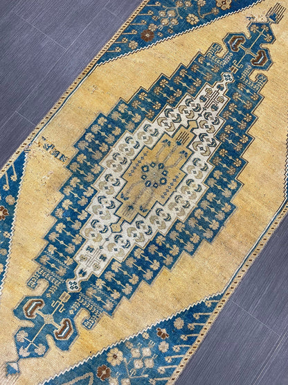 TURKISH Runner Rug Vintage Runner Rug 2.8 x 9.4 Oriental Rug Wool Oushak Rug Hand Knotted Rug Vintage Turkish Runner Rug Blue and Yellow Rug