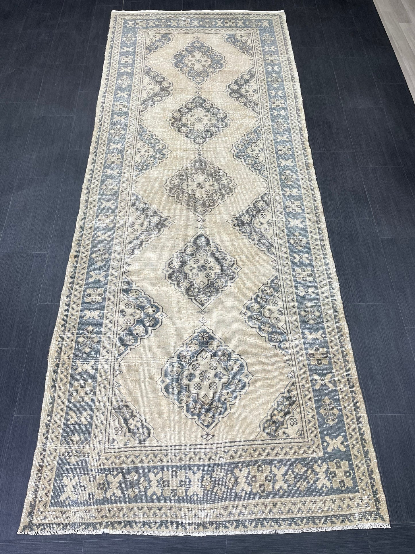 Vintage Hand Knotted Rug Vintage 4.2 x 11  Runner Muted Runner Rug Turkish Runner Rug Vintage Runner Rug Star Kitchen Runner Most See Rug