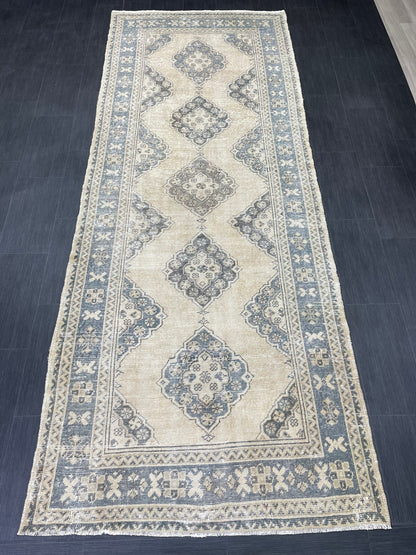 Vintage Hand Knotted Rug Vintage 4.2 x 11  Runner Muted Runner Rug Turkish Runner Rug Vintage Runner Rug Star Kitchen Runner Most See Rug