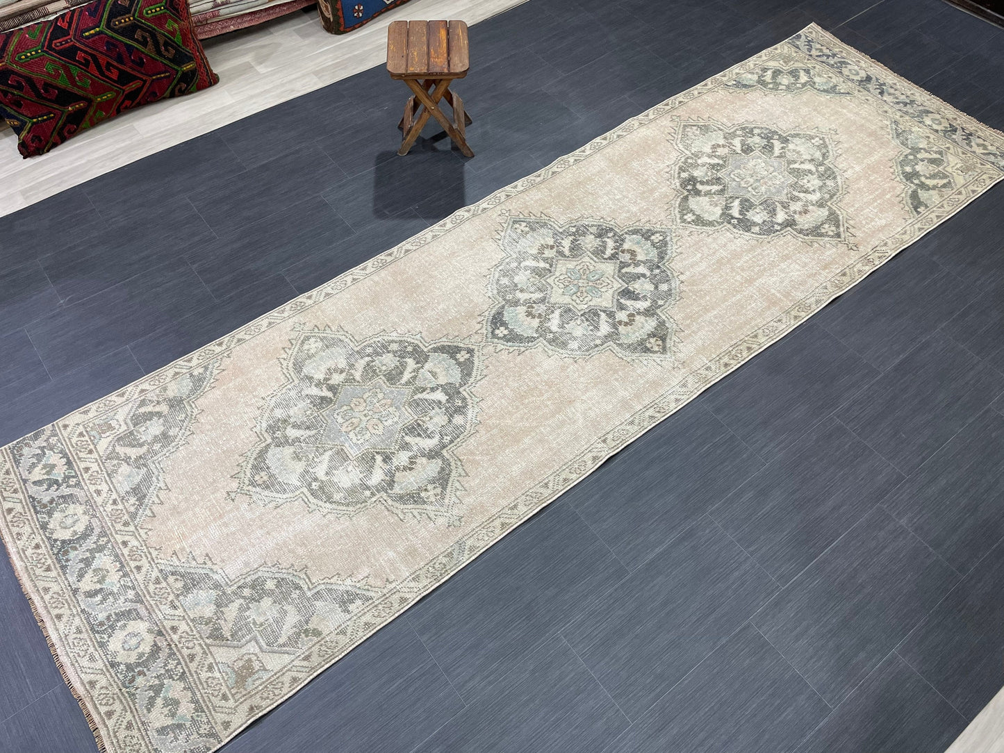 3.4 x 11.2 Faded Oushak Runner Rug Turkish Runner Rug Distressed Vintage Runner Rug Hallway Runner Kitchen Runner Wool Pastel Pink And Green