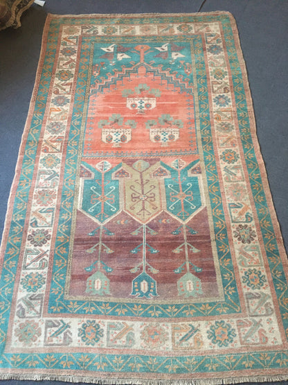 4x7 feet turquoise handmade wool large rug, turkish wide bedroom rug, vintage kitchen floor rug, living room middle area rug, bohemian rugs