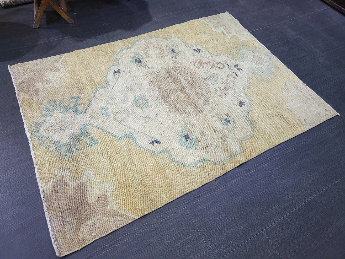 Turkish Rug, Oushak Rug, Wool 4 x 5.8 Oriental Rug, Blue Oushak Vintage Persian Rug, Handmade Rug