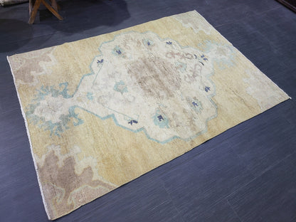 Turkish Rug, Oushak Rug, Wool 4 x 5.8 Oriental Rug, Blue Oushak Vintage Persian Rug, Handmade Rug