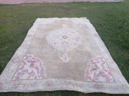 4.6x7.6 feet neatural oushak area rug, pastel living room oversize floor rug, handmade turkish hallway rug, lounge largest brown muted rugs