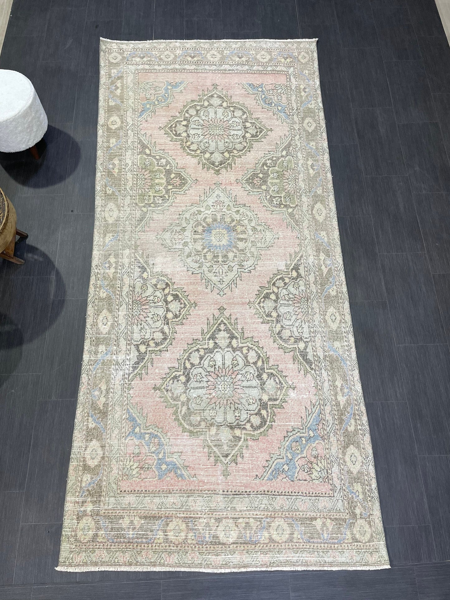 Muted Vintage Runner Rug, Hallway Runner 4.5 x 10 Rug, Kitchen Runner Rug, Muted Wool Runner Rug Muted Distressed Turkish Runner