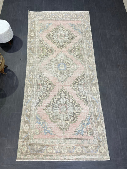 Muted Vintage Runner Rug, Hallway Runner 4.5 x 10 Rug, Kitchen Runner Rug, Muted Wool Runner Rug Muted Distressed Turkish Runner