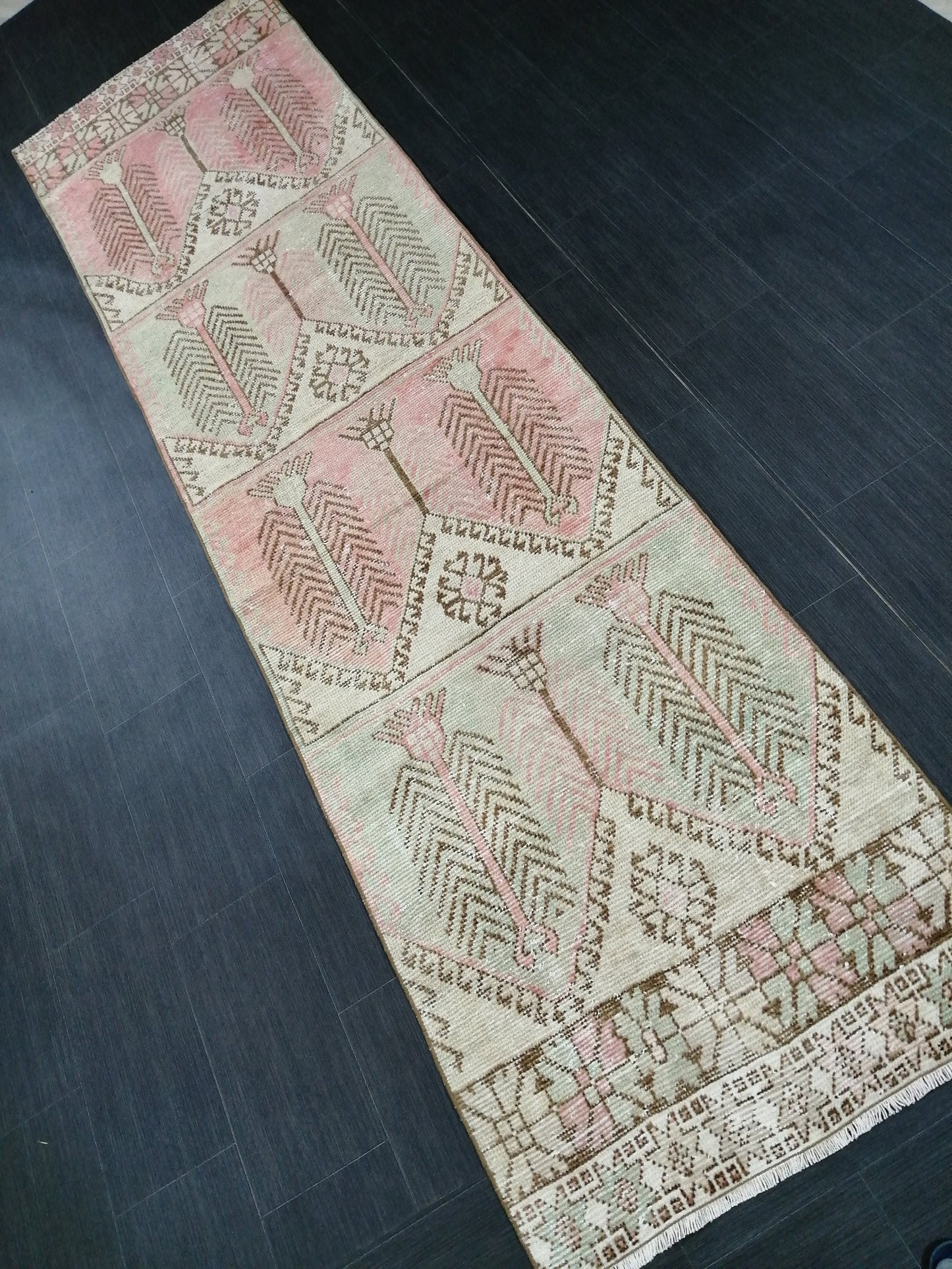 Muted Oushak Runner Rug 11.3 x 3  Pink and Green Vintage Runner Rug Distressed Hallway Runner Rug Kitchen Runner Rug Wool Runner Rug