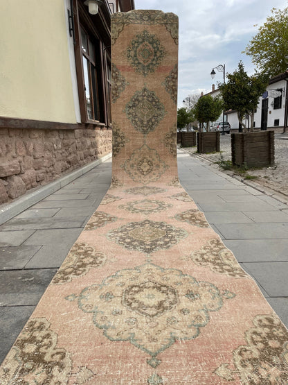 Handmade Extra Long Turkish 2.8 x 21.8 Runner, Very Long Oushak Runner Rug, Vintage Runner Rug, Pink XL Stairs Runner Rug Staircase Runner