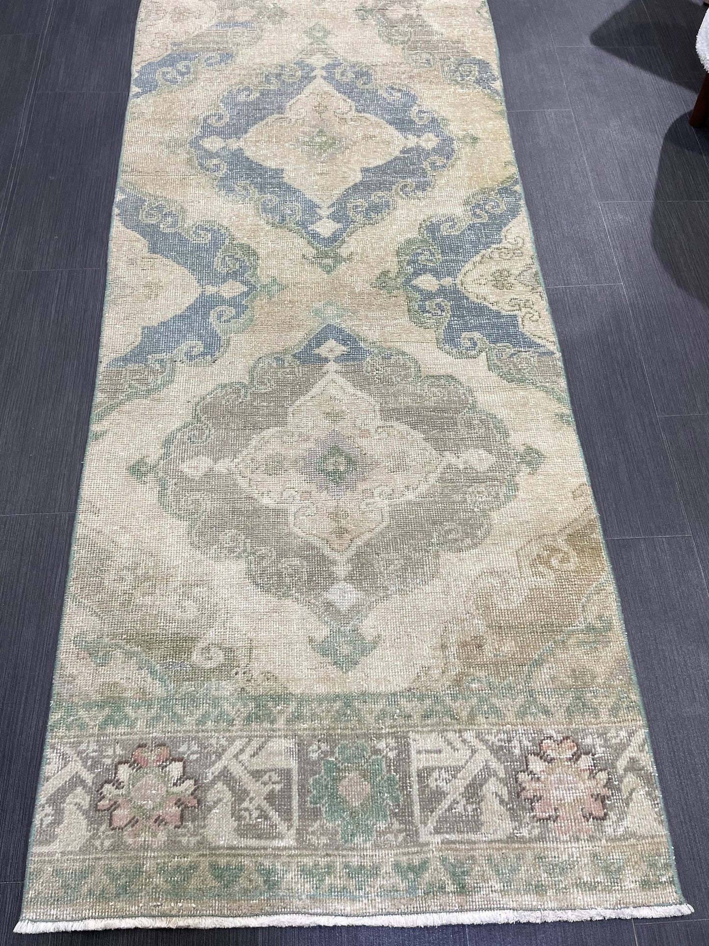 Muted Vintage Runner 2.6 x 12.6 Rug, Persian Runner Rug, Wool Oushak Runner Rug, Turkish Runner Rug, Kitchen Runner Rug, Hallway Runner rug