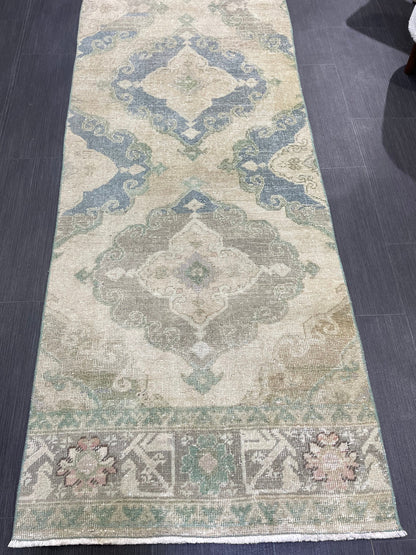Muted Vintage Runner 2.6 x 12.6 Rug, Persian Runner Rug, Wool Oushak Runner Rug, Turkish Runner Rug, Kitchen Runner Rug, Hallway Runner rug