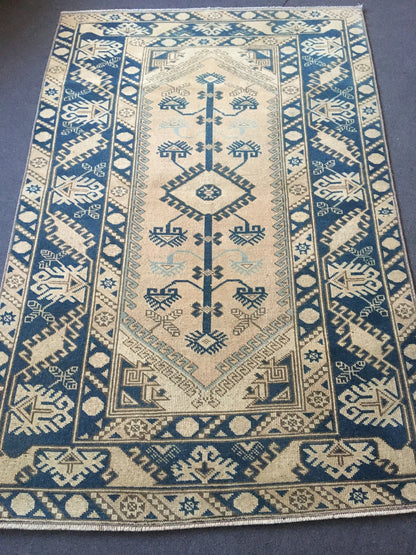4x6 feet wool turkish kitchen floor wide rug, handmade oushak muted blue bedroom area rug, vintage living room large rug, laundry area rugs