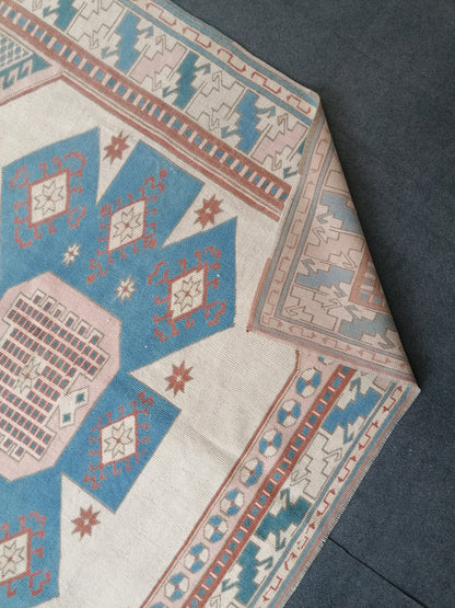 6x8 feet oversize vintage turkish rug, soft oushak handmade rug, pastel blue kitchen area rug, lounge anatolian rug,oversize office area rug
