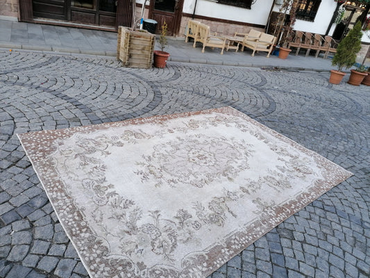 10'x6'9 muted oushak turkish rug, large turkish rug, pastel vintage rug,kitchen rug, vintage anatolian rug,unique hand made rug,bohemian rug