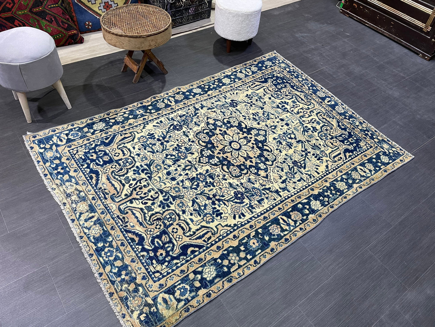 Persian Rug, Vintage 4.5 x 6.5 Rug, Navy Hand Knotted Rug, HANDMADE Rug, Vintage Turkish Rug, Oushak Rug, Oriental Rug, Wool Rug