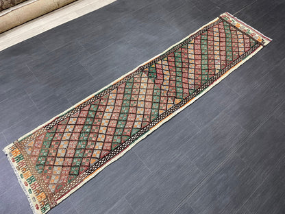 Handmade Embroidery Runner Rug 1.8 x 8 Turkish Runner Rug Flat weave Vintage Runner Rug  Flat-woven Hallway Runner Rug Kitchen Runner